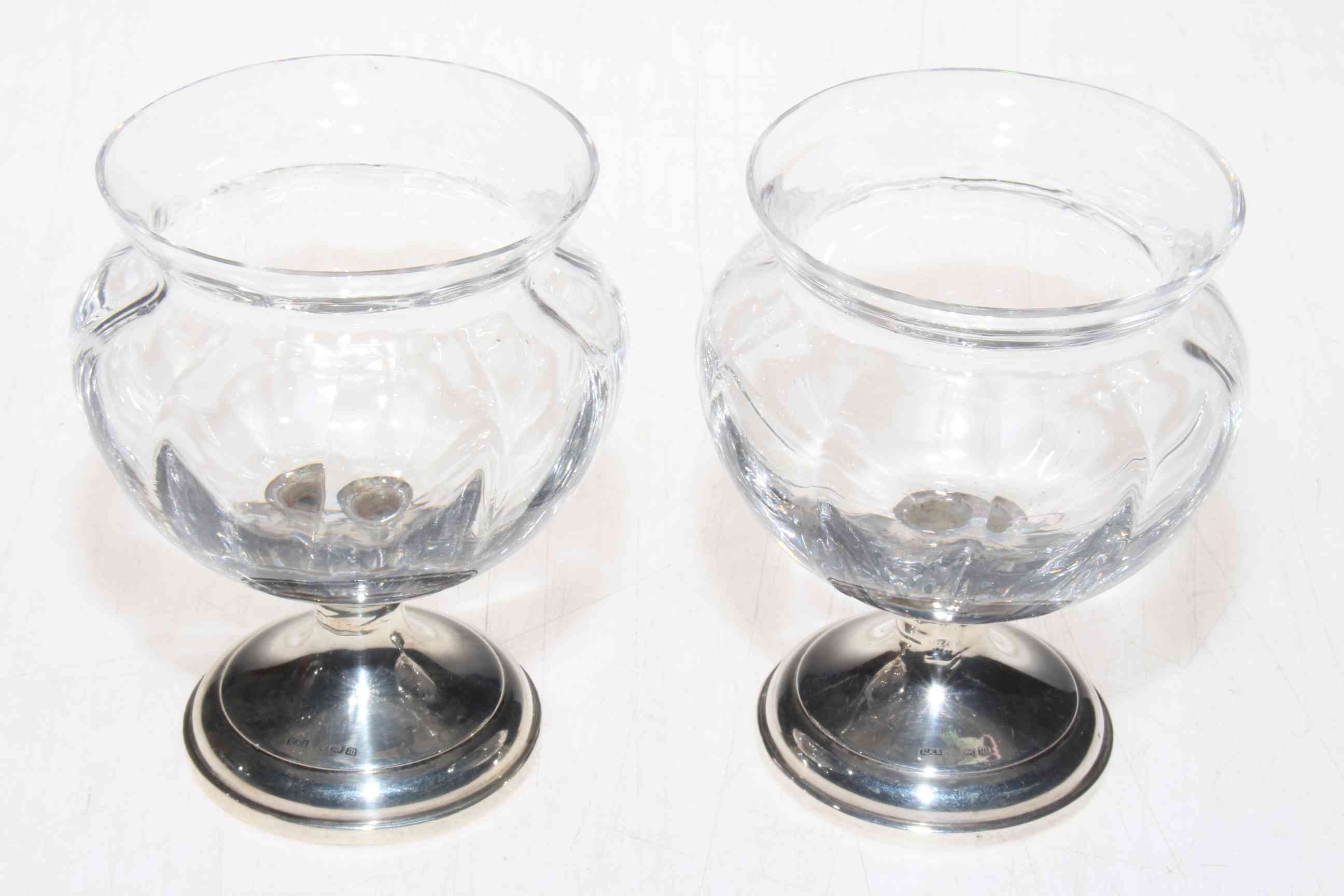 Pair silver stemmed glass bowls, 10cm.