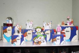 Coalport Characters The Snowman groups, figure and snowglobe, seven pieces with boxes.