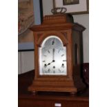 Victorian oak mantel clock, 45cm high.