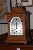 Victorian oak mantel clock, 45cm high.