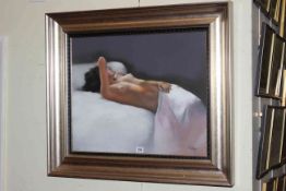 Contemporary framed painting of a nude, 71cm by 82cm overall.