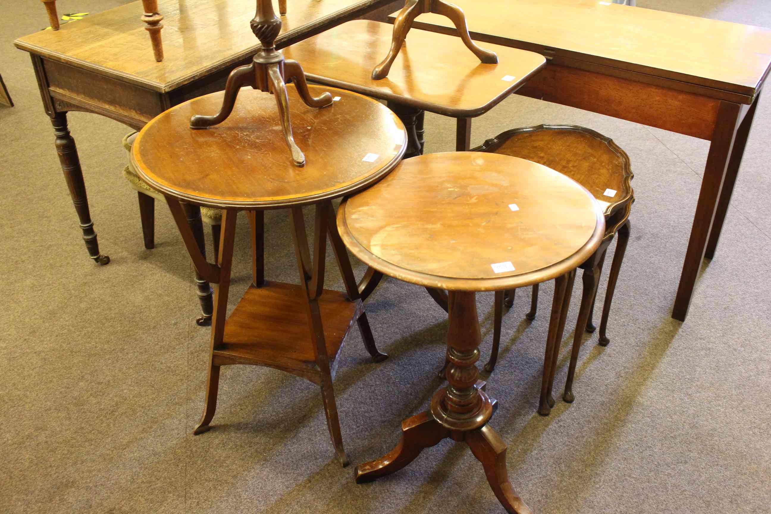 Victorian mahogany fold top tea table, two Victorian tripod occasional table, - Image 2 of 3