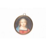 Miniature on ivory of Madonna, signed and with attribution verso on card, 7cm by 5.5cm.