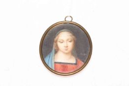 Miniature on ivory of Madonna, signed and with attribution verso on card, 7cm by 5.5cm.