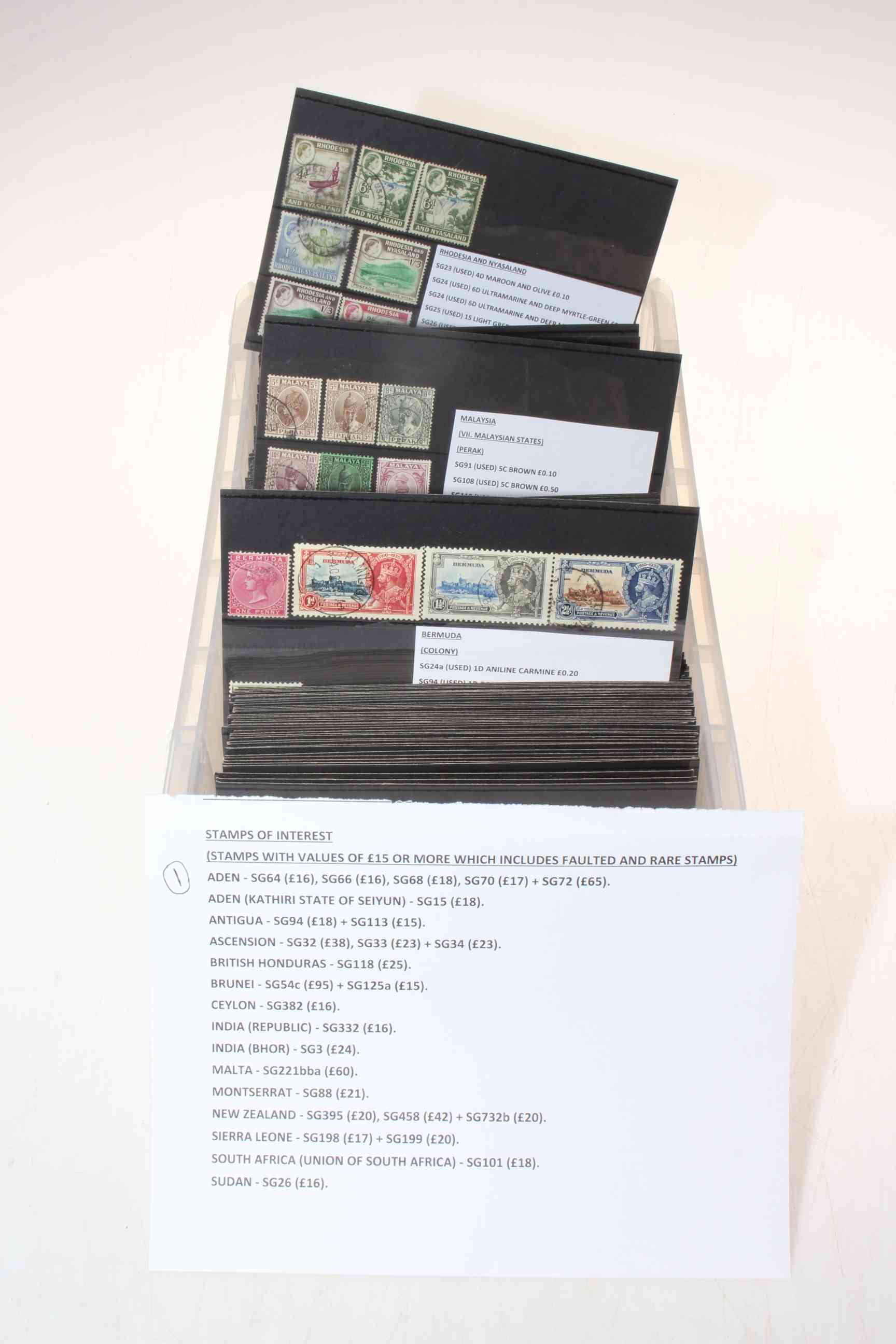Box of Commonwealth stamp stockcards, approx 380 dating c1840 to 1970 including Aden SG72,