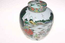 Large Chinese ginger jar and cover, decorated with figures in landscape, 23cm.