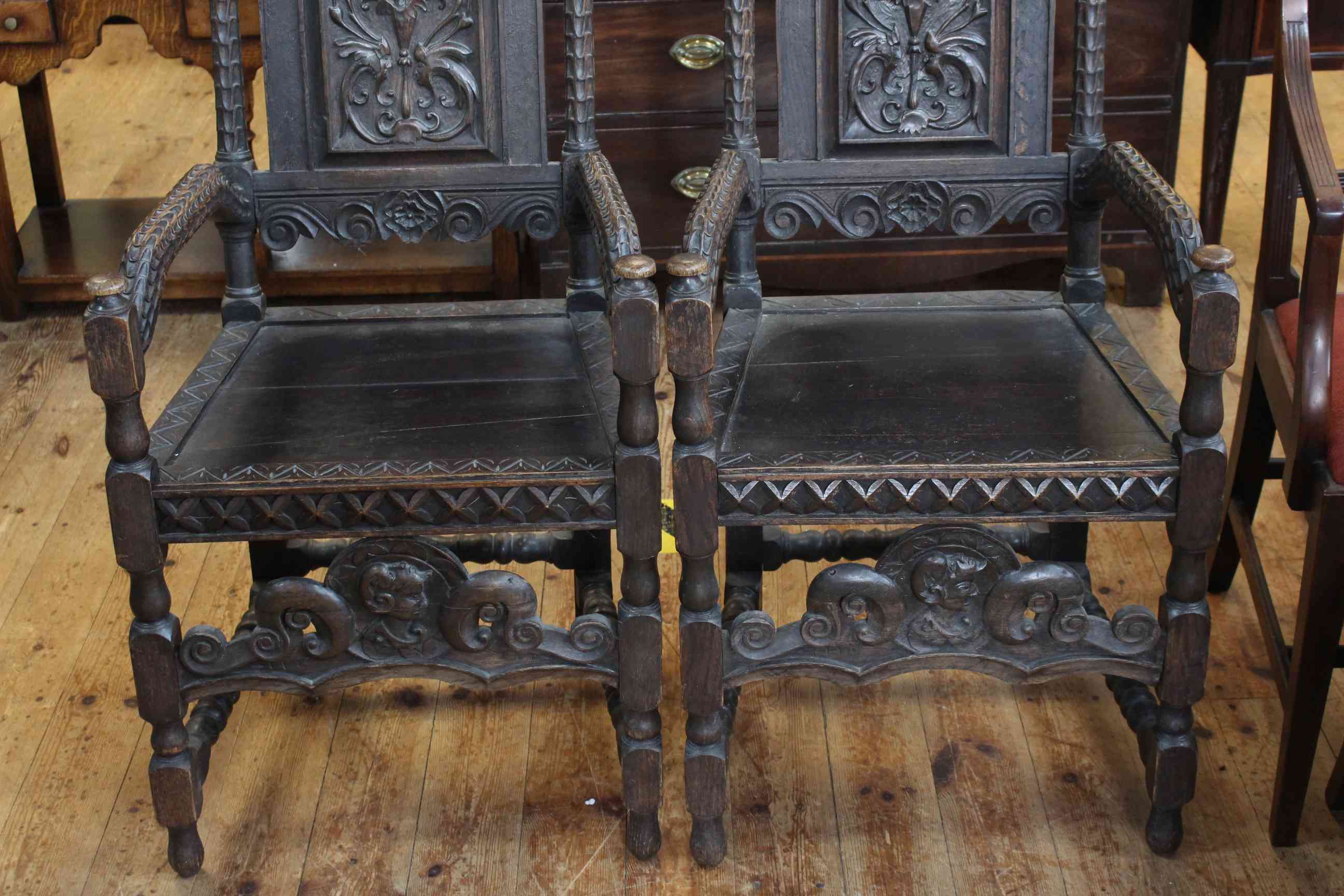 Pair high carved panel back open armchairs. - Image 3 of 3