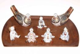 Two Royal Crown Derby turtle dove paperweights, and five rag doll figures (7).