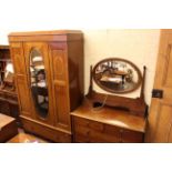 Edwardian inlaid mahogany oval mirror door wardrobe and dressing table.