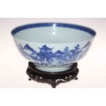 Antique Chinese blue and white bowl with continuous landscape decoration, 29cm diameter,