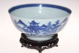 Antique Chinese blue and white bowl with continuous landscape decoration, 29cm diameter,