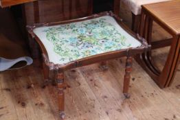 Victorian mahogany needlework panelled top low table on turned legs,