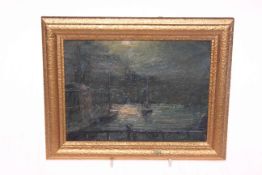 Small gilt framed painting of Whitby Harbour, 24cm by 20cm including frame.