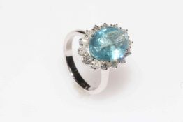 18 carat white gold, aquamarine and diamond cluster ring, having 4 carat oval aqua bordered with 1.