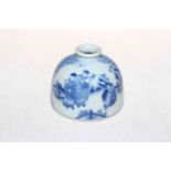 Chinese blue and white brush washer with two panels of figures, 8cm high.