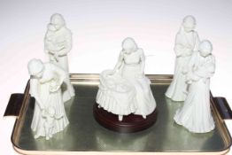 Five Royal Worcester white china figures including Mothers Love.