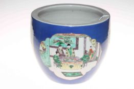 Chinese jardiniere with panels of decoration on powder blue ground, double blue circle mark, 21.5cm.