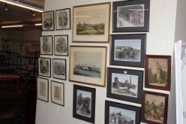 Collection of thirty six framed prints including Richmond, Hunting, Dickens, etc.