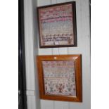 Two 19th Century framed alphabet samplers in glazed frames, largest 42cm by 39cm overall.