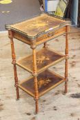 Continental inlaid three tier etagere having pierced brass gallery and frieze drawer,