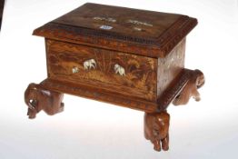 Wooden bone inlaid casket with elephants on elephant feet decoration, 46cm by 36cm by 30cm.