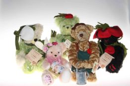 Five Hermann Teddy Bears including Poppy Bear, Hanami, The Royal Gardener, Snowdrop and Wild Tulip,