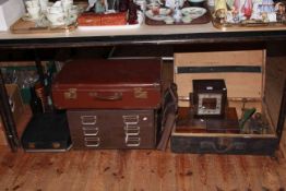 Two 19th Century tea caddies, oak mantel clock, joinery tools, six drawer index cabinet,
