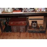 Two 19th Century tea caddies, oak mantel clock, joinery tools, six drawer index cabinet,