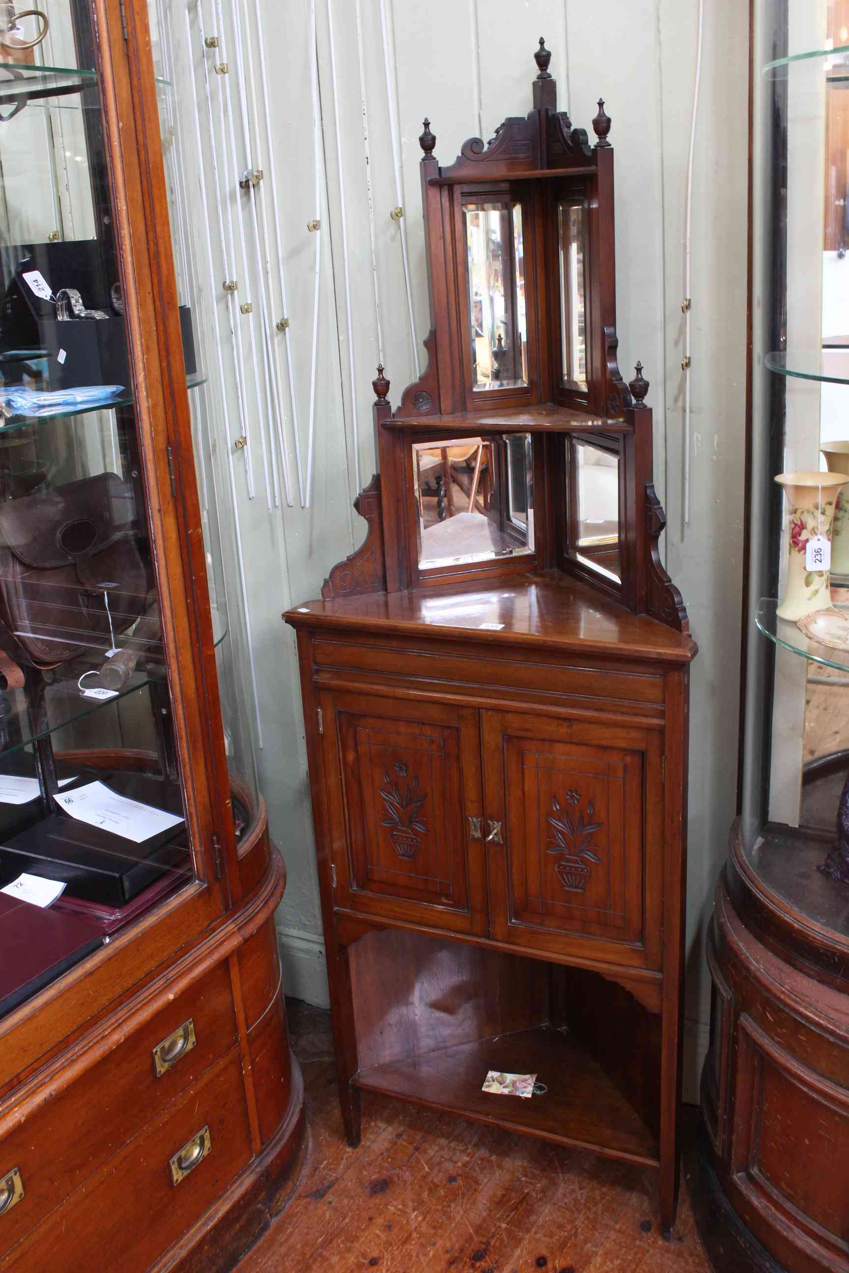 Late Victorian mirror panelled top double door corner cabinet,