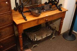 Victorian pine single drawer turned leg kitchen table and rectangular cast base bar table (2).