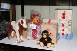 Four Steiff Teddy Bear Toys including Painted Horse, Orinoco, Coco and Clown, two with boxes.