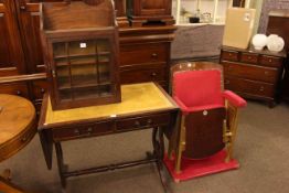 Vintage cinema seat, mahogany two drawer sofa table and glazed door wall cabinet (3).