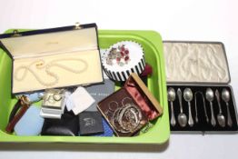 Box of jewellery and cased set of silver teaspoons and tongs.