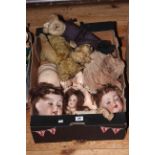 Three bisque dolls heads, doll parts, vintage teddies, etc.