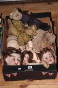 Three bisque dolls heads, doll parts, vintage teddies, etc.