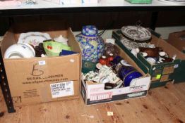 Three boxes of ceramics and glass including Oriental, Goebel, Lustre ware, Aynsley, etc.