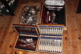 Two boxes of silver plated wares including cased cutlery, teapots, dishes, etc.