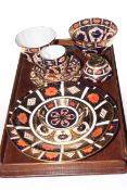 Nine pieces of Royal Crown Derby Imari, two plates, two basins, trio, lighter and pin tray.