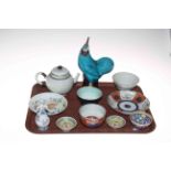 Tray lot with Oriental ceramics including cockerel, bowls, teapot, etc (11).