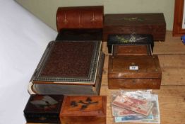 Victorian Anglo-Indian photograph album, leather stationery box, assorted boxes, marbles, banknotes,