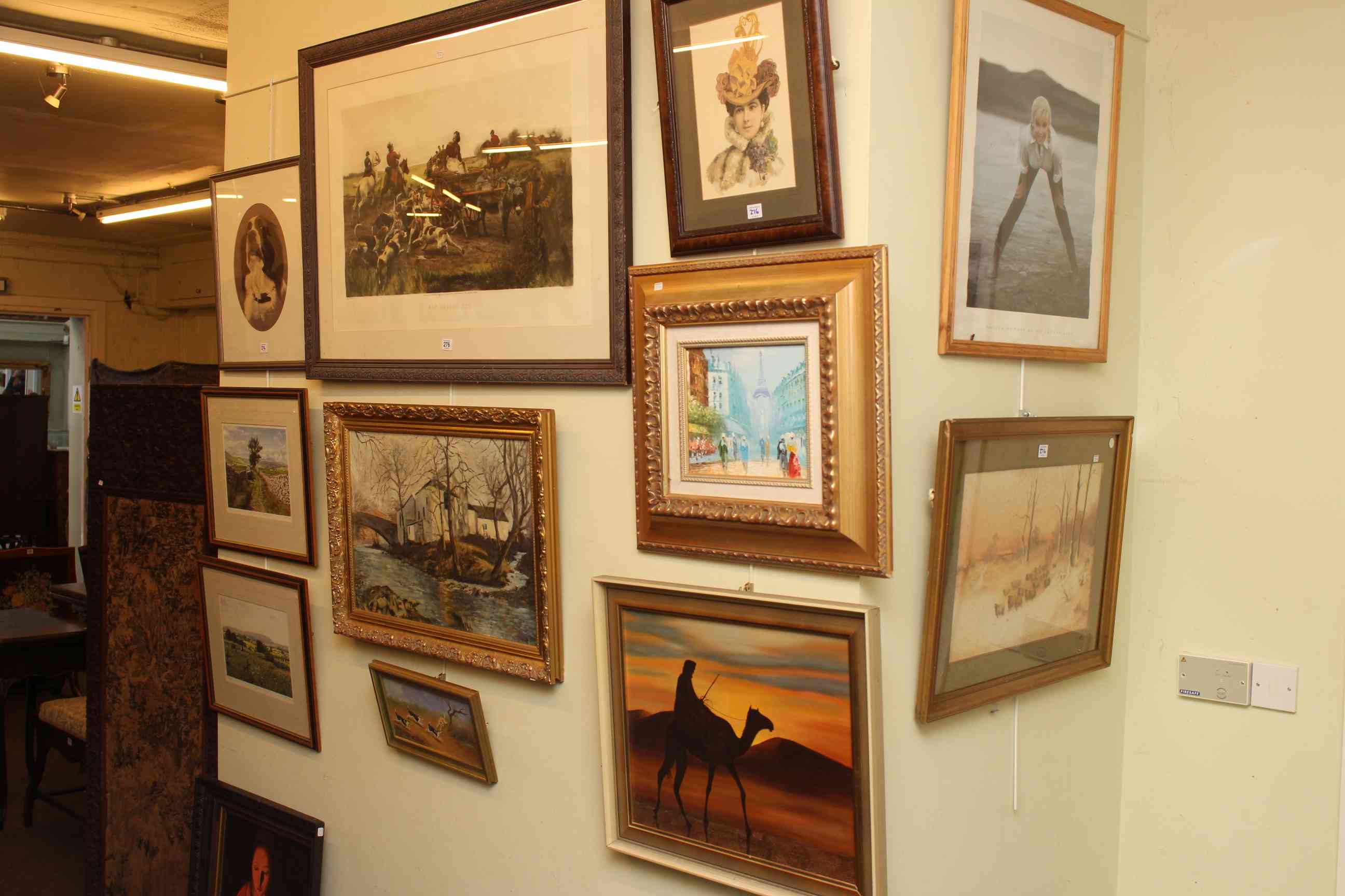 Collection of eighteen various oil paintings and prints including pair K.