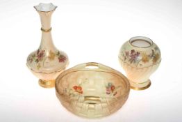 Royal Worcester blush basket, vase shape no. 1538, and pot pourri jar (no lid) (3).