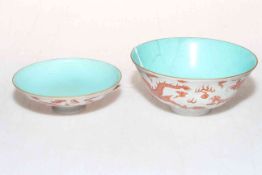 Chinese tea bowl and cover having iron red dragon decoration, blue mark, 11cm diameter.