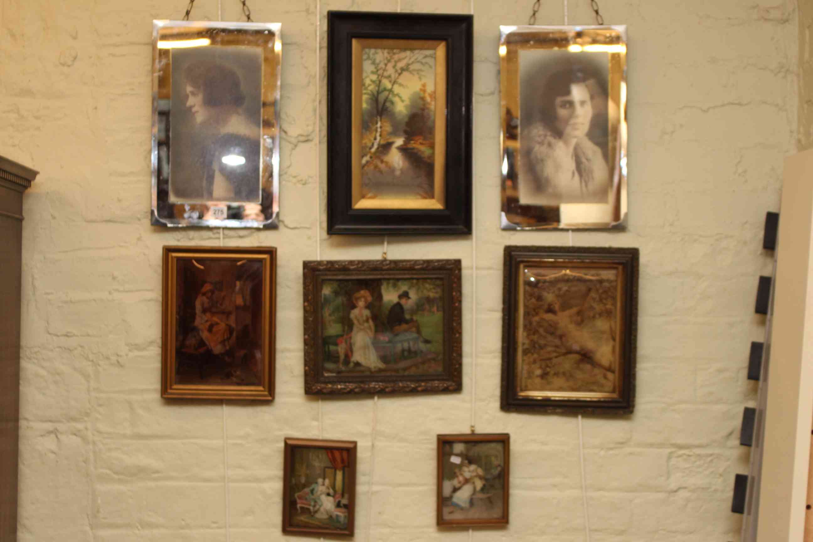 Pair mirrored portraits, framed painted ceramic tile and five pictures including chrystoleums (8).