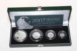 Royal Mint 2007 UK four coin silver proof Britannia collection, in deluxe case with certificate.