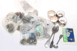 Four silver napkin rings, four silver spoons, pre 1947 coins, ten shilling Peppiatt and L.K.