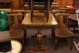 1930's carved oak six piece dining suite and barley twist drop leaf dining table.