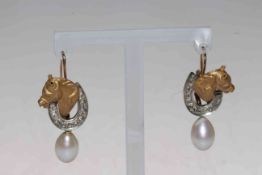 Pair 9 carat gold horse-head and pearl earrings (believed to be Luigi Ferrara).