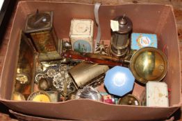 Trunk including advertising tins, metalwares, horsebrasses, Magico Rub It game.