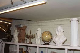 Plaster female bust, octagonal wood column, two Past Times lionesses, globe, brass eagle,